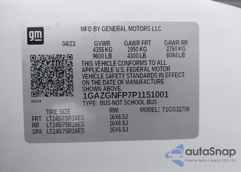 2023 Chevrolet Express Passenger Rwd 3500 Extended Wheelbase Ls из США, поврежденный, VIN 1GAZGNFP7P1151001